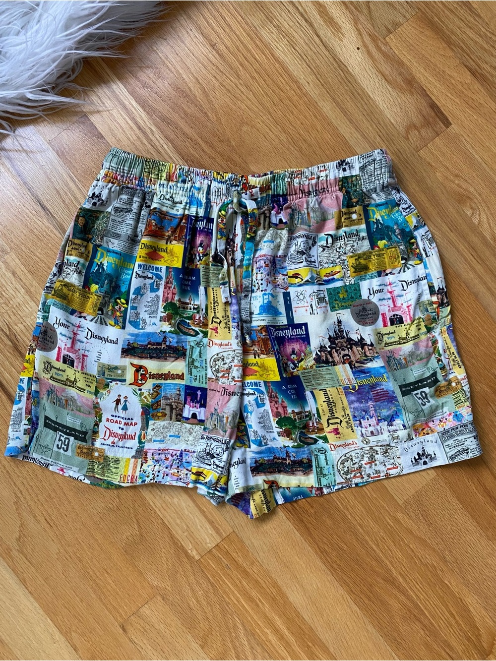 Disney Multicolor Ticket Collage Viscose Lounge Shorts 100 Year Y2K Whimsical